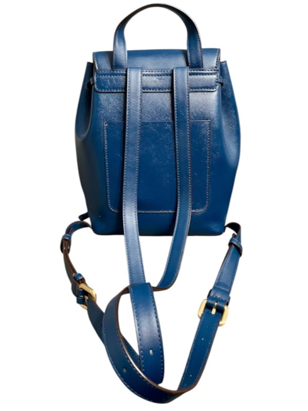Donna Karan Blue Leather Drawstring Backpack with Gold Bar Accent & Snap Closure - Picture 3 of 8